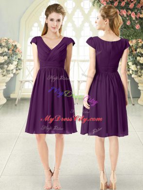 Wonderful Chiffon V-neck Cap Sleeves Zipper Ruching Prom Dresses in Purple