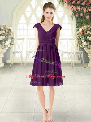 Wonderful Chiffon V-neck Cap Sleeves Zipper Ruching Prom Dresses in Purple