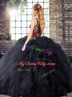 Dazzling Sleeveless Floor Length Zipper 15 Quinceanera Dress in Black with Embroidery and Ruffles