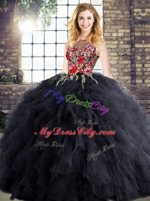Dazzling Sleeveless Floor Length Zipper 15 Quinceanera Dress in Black with Embroidery and Ruffles