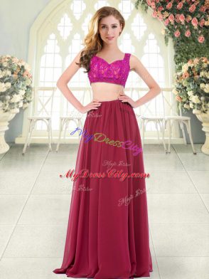 Wine Red Two Pieces Straps Sleeveless Chiffon Floor Length Zipper Beading and Lace