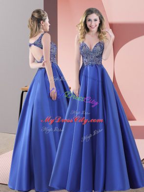 Beading Dress for Prom Blue Backless Sleeveless Floor Length Sweep Train