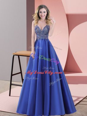 Beading Dress for Prom Blue Backless Sleeveless Floor Length Sweep Train