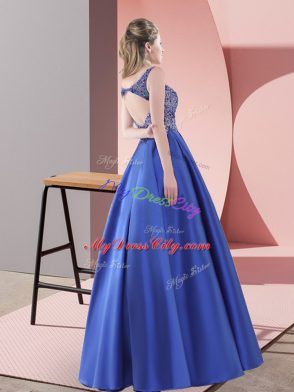 Beading Dress for Prom Blue Backless Sleeveless Floor Length Sweep Train