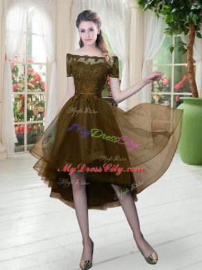 Brown Short Sleeves Lace High Low Prom Evening Gown