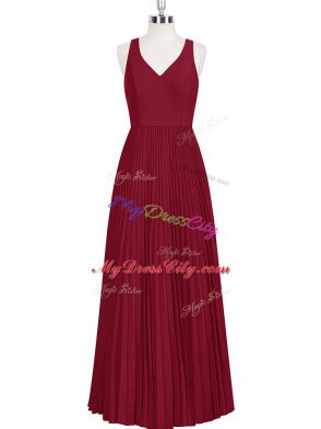 Fashionable Wine Red Zipper V-neck Sleeveless Floor Length Prom Evening Gown Pleated