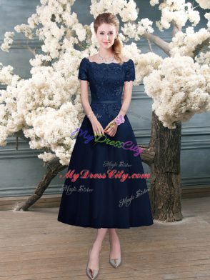 Low Price Navy Blue Short Sleeves Tea Length Lace Zipper Prom Dresses