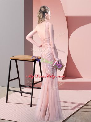 Simple Sequins Dress for Prom Pink Backless Sleeveless Floor Length