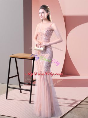 Simple Sequins Dress for Prom Pink Backless Sleeveless Floor Length