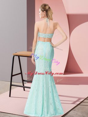 Most Popular Lace Halter Top Sleeveless Backless Beading and Lace Prom Dresses in Lilac