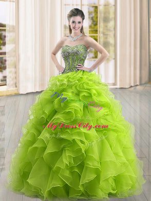 Floor Length Lace Up Quinceanera Gowns Yellow Green for Military Ball and Sweet 16 and Quinceanera with Beading and Ruffles