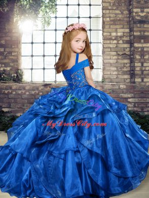 Gold Sleeveless Floor Length Beading and Ruffles Lace Up Little Girl Pageant Dress
