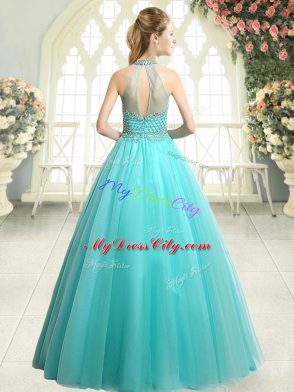 Green A-line Halter Top Sleeveless Tulle Floor Length Zipper Beading Prom Evening Gown