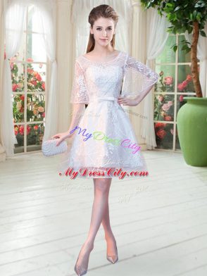 Eye-catching White Scoop Lace Up Beading Prom Dress Half Sleeves