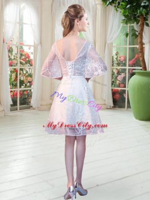 Eye-catching White Scoop Lace Up Beading Prom Dress Half Sleeves