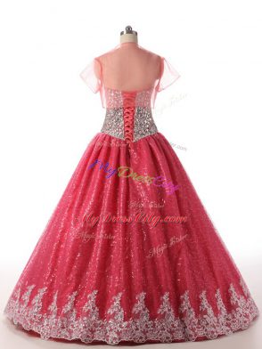 Exceptional Beading and Appliques Ball Gown Prom Dress Coral Red Lace Up Sleeveless Floor Length
