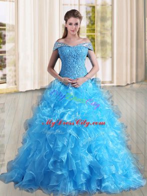 Baby Blue A-line Organza Off The Shoulder Sleeveless Beading and Lace and Ruffles Lace Up Quinceanera Gown Sweep Train