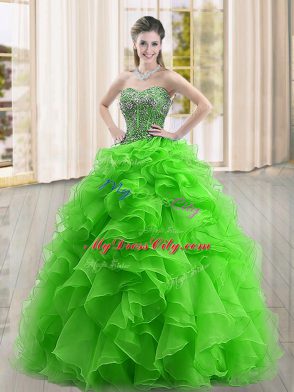 Green Lace Up Ball Gown Prom Dress Beading and Ruffles Sleeveless Floor Length