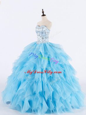 Attractive Sleeveless Tulle Floor Length Lace Up Sweet 16 Quinceanera Dress in Baby Blue with Beading and Ruffles