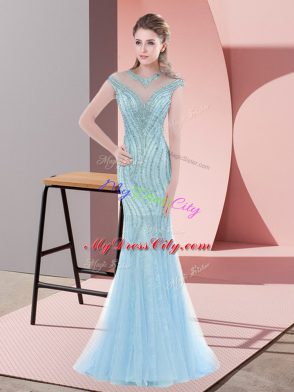 Superior Beading Prom Gown Baby Blue Zipper Cap Sleeves Sweep Train