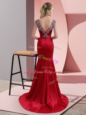 Red Backless Evening Dress Beading Cap Sleeves Sweep Train