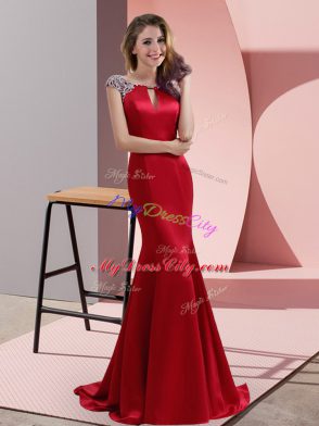 Red Backless Evening Dress Beading Cap Sleeves Sweep Train