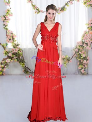 Super Red Chiffon Side Zipper Dama Dress Sleeveless Floor Length Beading and Appliques