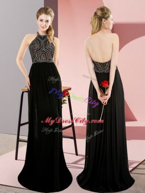 Perfect Black Chiffon Backless High-neck Sleeveless Sweep Train Beading