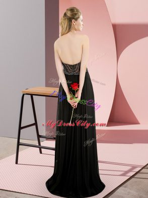 Perfect Black Chiffon Backless High-neck Sleeveless Sweep Train Beading