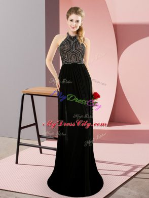 Perfect Black Chiffon Backless High-neck Sleeveless Sweep Train Beading