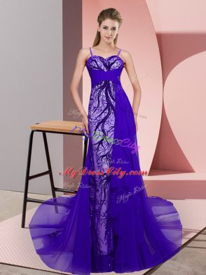 Spaghetti Straps Sleeveless Prom Dresses Sweep Train Beading and Lace Purple Tulle