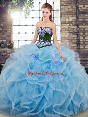 Sweetheart Sleeveless Sweep Train Lace Up Ball Gown Prom Dress Baby Blue Tulle