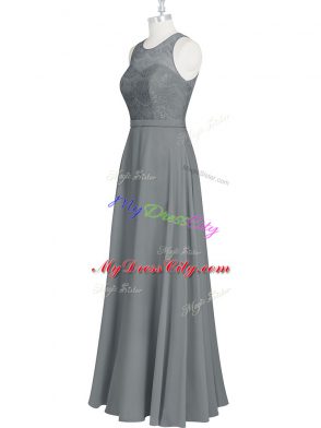 Enchanting Grey Sleeveless Floor Length Lace and Appliques and Belt Zipper Prom Evening Gown