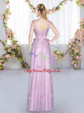 Stunning Sleeveless Lace Up Floor Length Beading and Appliques Damas Dress