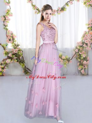 Stunning Sleeveless Lace Up Floor Length Beading and Appliques Damas Dress