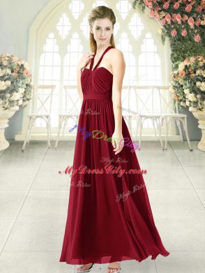 Great Burgundy Halter Top Backless Ruching Formal Evening Gowns Sleeveless