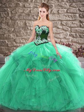 Luxury Beading and Embroidery Quince Ball Gowns Turquoise Lace Up Sleeveless Floor Length