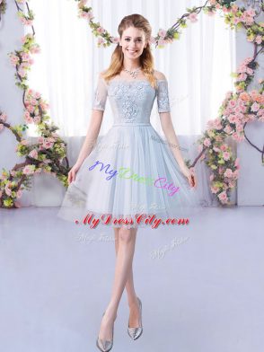 Grey Lace Up Off The Shoulder Lace Bridesmaids Dress Tulle Short Sleeves