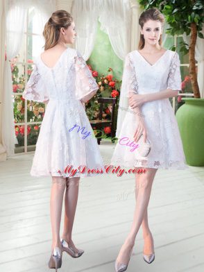 V-neck Half Sleeves Zipper Lace Homecoming Dress in White