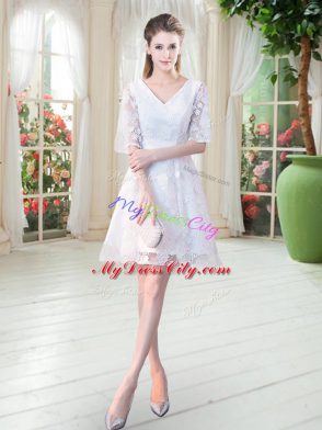 V-neck Half Sleeves Zipper Lace Homecoming Dress in White