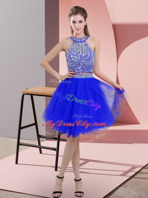 Royal Blue Backless Halter Top Beading Prom Party Dress Organza Sleeveless