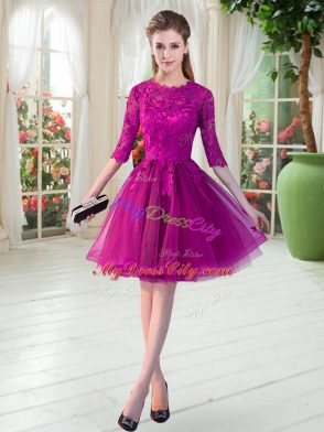 Fuchsia Tulle Zipper Scalloped Half Sleeves Knee Length Prom Evening Gown Lace