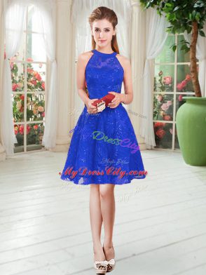 A-line Dress for Prom Royal Blue Scoop Sleeveless Knee Length Zipper