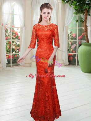 Scoop Half Sleeves Zipper Prom Gown Orange Red