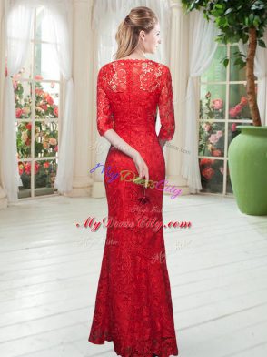 Scoop Half Sleeves Zipper Prom Gown Orange Red