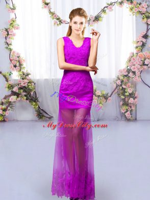 Floor Length Lace Up Quinceanera Dama Dress Purple for Prom and Party and Wedding Party with Lace