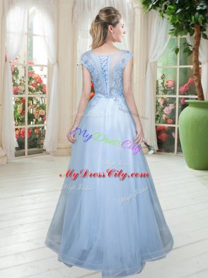 Fantastic Tulle Scoop Cap Sleeves Lace Up Lace Prom Gown in Light Blue