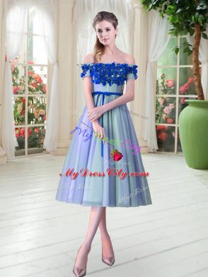 Wonderful Tulle Sleeveless Tea Length Prom Dress and Appliques