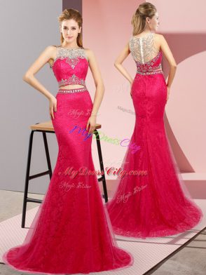 Hot Pink Prom Gown Scoop Sleeveless Sweep Train Lace Up