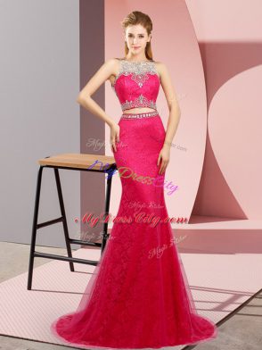 Hot Pink Prom Gown Scoop Sleeveless Sweep Train Lace Up